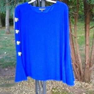 INC International Concepts Women's Cobalt Blue Top Rhinestone Sleeves Sz L